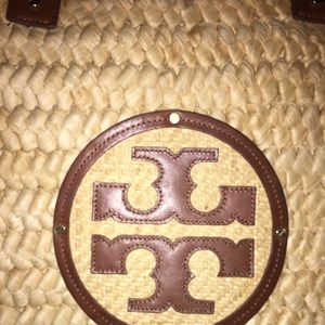 Tory Burch cognac straw tote w/ leather straps